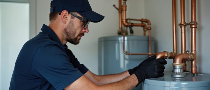 Plumber installs new water heater in utility room. Man wearing cap, glasses gloves connects copper pipes. Home improvement and repair services. Professional plumbing work.
